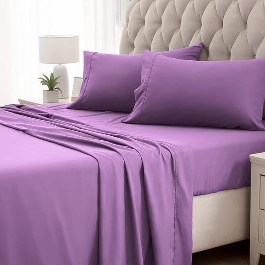 SLEEP ZONE Super Soft Cooling Twin Bed Sheets Set 3 Piece - Easy Care Fitted Flat Sheet & Pillowcase Sets - Wrinkle Free, Fade Resistant, Deep Pocket 16" (Lavender, Twin)