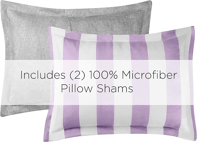Juicy Couture Cabana Stripe Reversible Bedding Set - King Size - Lavender/White Stripe Print – 6 Piece Set – Includes 1 104" x 90" Comforter, 3 Decorative Pillows, 2 Shams