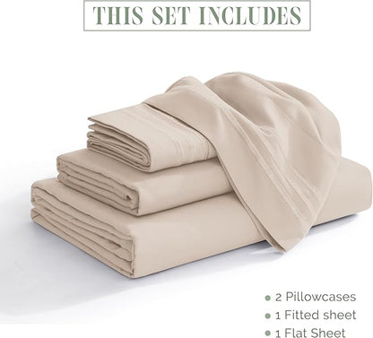 Elegant Comfort Luxurious 1500 Premium Hotel Quality Microfiber Three Line Embroidered Softest 4-Piece Bed Sheet Set, Wrinkle and Fade Resistant, Queen, Cream