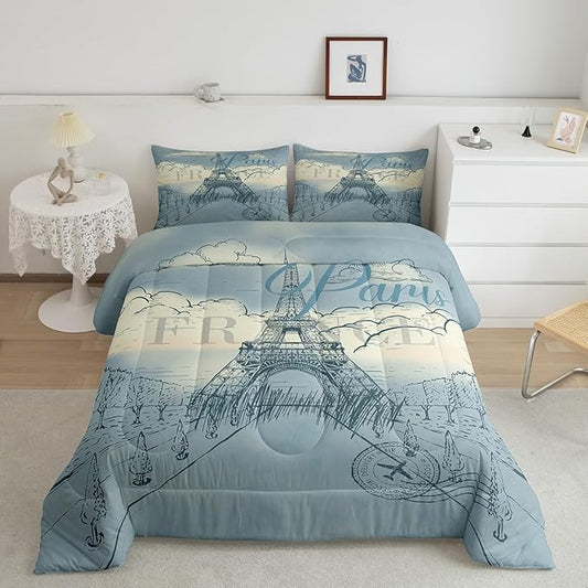 Eiffel Tower Comforter Set for Kids,Retro Paris Style Bedding Sets Teens Cute Room Decor,Vintage Cityscape Boys Girls Landmark Duvet Set Quilt Set Twin 1 Comforter with 1 Pillow Case