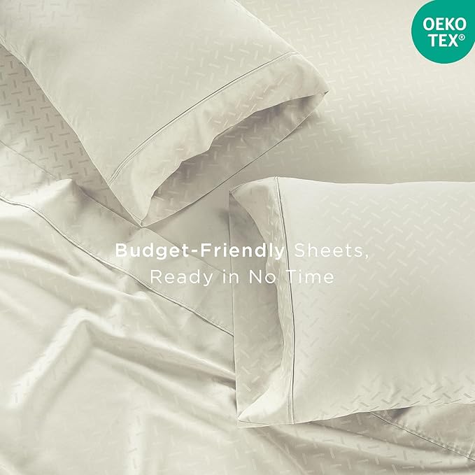 Threadmill Cotton Full Size Sheet Set | 100% Cotton Sheets for Full Size Bed | Damask Jacquard Full Bed Sheets Set with 16” Deep Pocket | Soft Sateen Weave 4-Piece Cooling Bedding Set | Ivory
