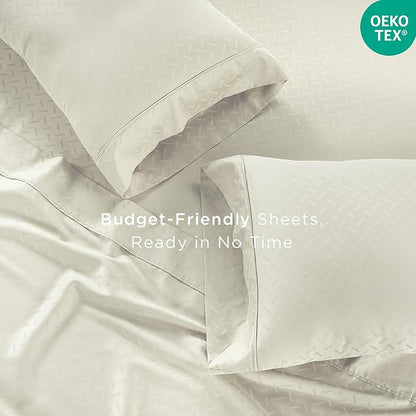 Threadmill 100% Cotton Sheets for King Size Bed | 4 Pc King Bed Sheets Set | Soft, Breathable Lightweight Damask Sateen for All-Season Use | Snug Fit Elastic Deep Pocket King Sheets | Ivory