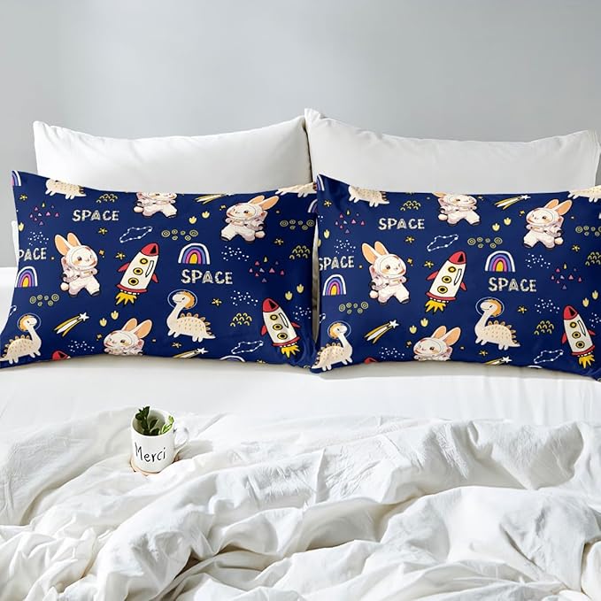 Cute Rabbits Bedding Set Kids Boys Dinosaurs Duvet Cover Set Cartoon Rocket Comforter Cover Set Starry Galaxy Navy Bedspread Cover Bedroom Quilt Cover 3Pcs Queen with 2 Pillowcase,No Comforter
