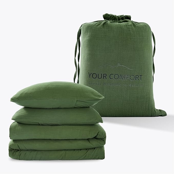 Green Duvet Cover King, 100% Sandwashed Cotton Soft King Size Duvet Cover Set 3 Pieces with Zipper Clousre & Corner Buttons (Green, King 104 x 90)