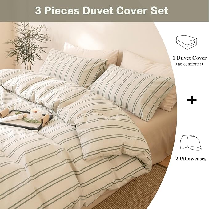 VM VOUGEMARKET Full Duvet Cover Set Beige Gray Striped Bedding Set Soft Washed Cotton 3 Pieces Dark Green Vertical Ticking Stripes Comforter Cover with Zipper Closure-80x90 Inch