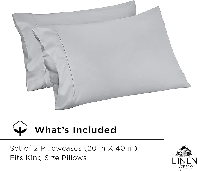 Linen Home 400 Thread Count King Pillowcase Set | 100% Long-Staple Cotton Pillow Cases | Soft & Smooth Luxury Satin Set of 2 Pillowcases | 4 Inch Z Hem | Silver