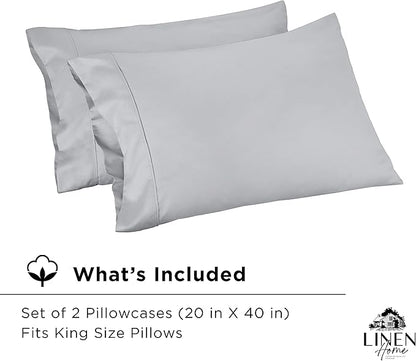 Linen Home 400 Thread Count King Pillowcase Set | 100% Long-Staple Cotton Pillow Cases | Soft & Smooth Luxury Satin Set of 2 Pillowcases | 4 Inch Z Hem | Silver