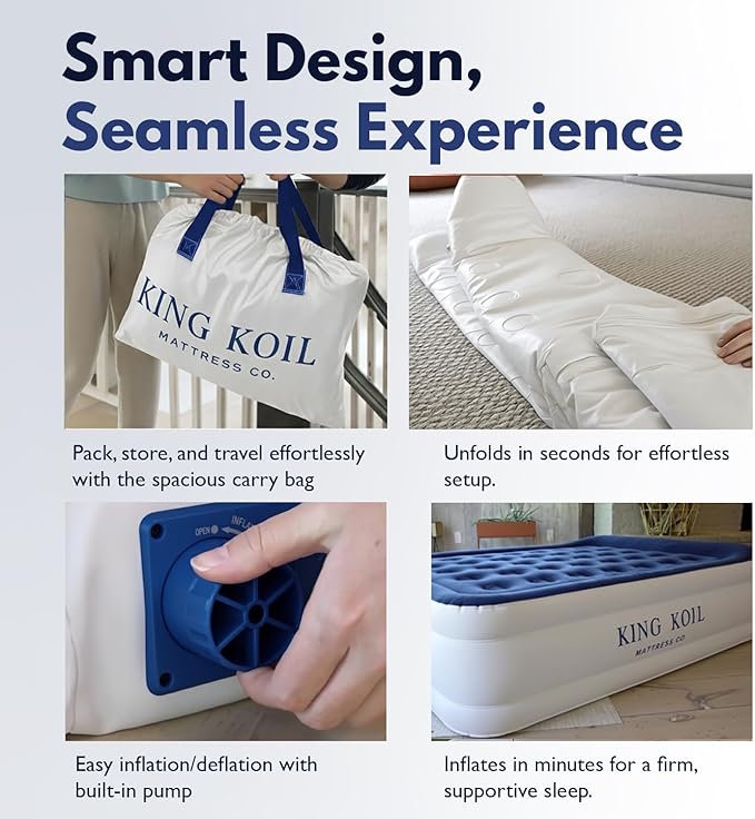 King Koil Luxury Cal King Air Mattress with Built-in Pump for Home, Camping & Guests - King Size Inflatable Airbed Luxury Double High Adjustable Blow Up Mattress, Durable Waterproof & Premium