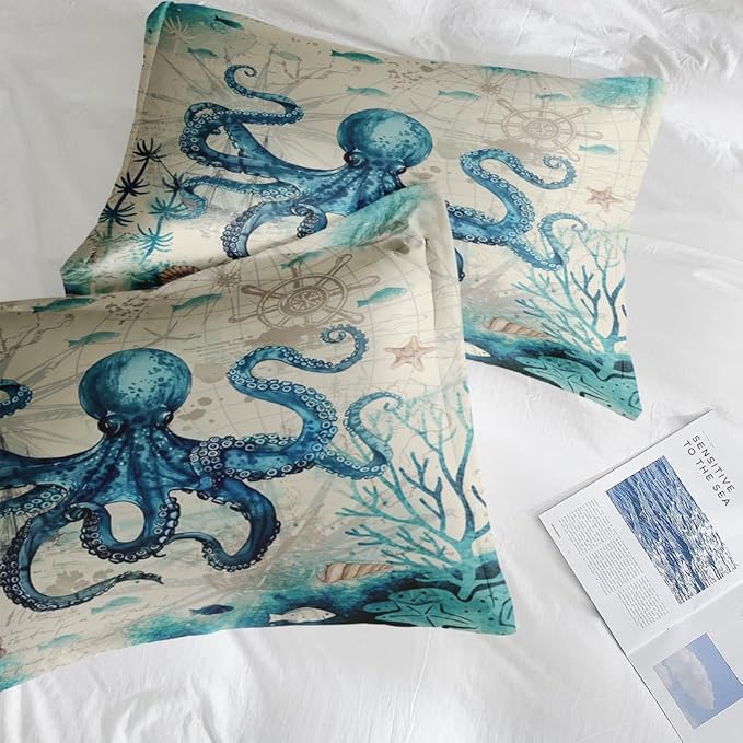 Comforter Set King Size, Octopus Beach 7 Pcs Bedding for Kids and Adults, Summer Sea Animal Bed Sheet Sets with Fitted Sheet 2 Pillowcase & 2 Sham for Bedroom Bed Decor