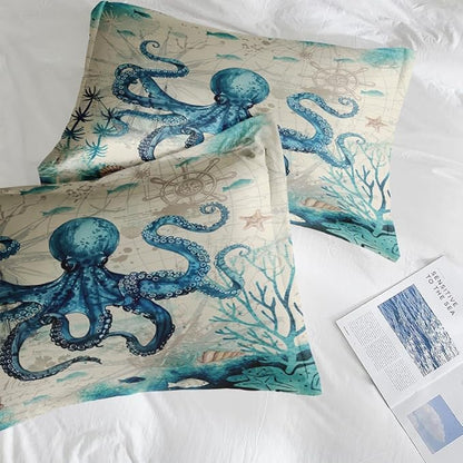 Comforter Set King Size, Octopus Beach 7 Pcs Bedding for Kids and Adults, Summer Sea Animal Bed Sheet Sets with Fitted Sheet 2 Pillowcase & 2 Sham for Bedroom Bed Decor