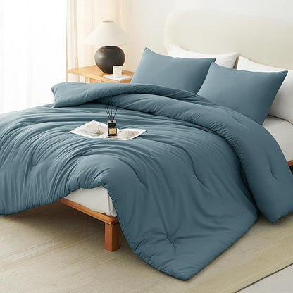 CozyLux Full Size Comforter Set Mineral Blue, 3 Pieces Solid Breathable Quilted Bedding Sets, Luxury Lightweight Soft Bed Set with Down Alternative Comforter and 2 Pillowcases for All Seasons