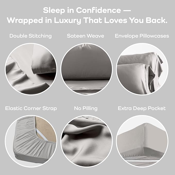 Olive + Crate Tencel Lyocell Eucalyptus Split King Sheets for Adjustable Bed - Cooling Tencel Sheets for Hot Sleepers with 16 Inch Deep Pocket Fit - Stone Gray, 5-Piece Set
