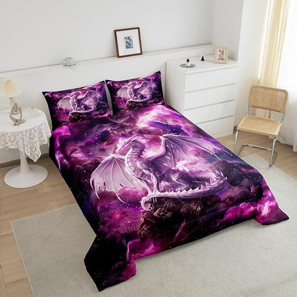 Dragon Kids Comforter Set King Size,Western Magical Dragon Bedding Set for Boys Teens Adults Room Decor,Animal Galaxy Nebula Duvet Insert 3Pcs,Glitter Starry Sky Wildlife Quilt Set,2 Pillowcases