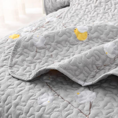 DURLENGEN Quilt Set Queen Size 3Pcs,Grey Branch with Yellow Turquoise Polka Dot Pattern,Soft Microfiber Lightweight Bedspread for All Season Layering(Queen 90x96,Botanical Grey)