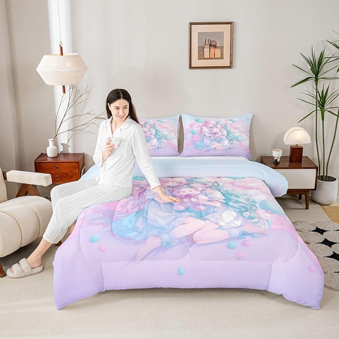 Erosebridal Anime Girl Kids Bedding | Girly Friendship Comforter Sets King,Fantasy Dreamy Girls Comforter Romance Ballons Duvet Insert with 2 Pillow Cases