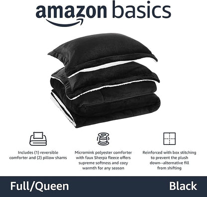 Amazon Basics 3-Piece Micromink Sherpa Bedding Set, Ultra-Soft, Warm All Season Comforter, Full/Queen, Black, Reversible