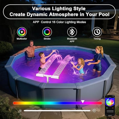 Pool Fountain for Above and Inground Pools, APP Smart Control Pool Lights with 16 Color LED Lights, Waterfall Sprinkler and Adjustable Dual Sprayer for Swimming Cooling Outdoor