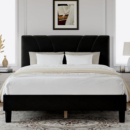 Novilla Full Size Bed Frame with Headboard, Full Bed Frame with Wooden Slats Support, Velvet Upholstered Headboard, No Box Spring Needed, Heavy Duty Feet, Easy Assembly, Black Velvet