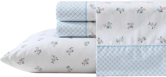 Laura Ashley - Queen Sheet Set, Crisp & Cool Cotton Percale Bedding with Deep Pockets, Lightweight for Year Round Comfort, Bed Sheets with Matching Pillowcases (Harperette Blue)