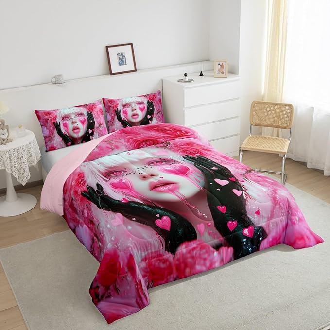 Erosebridal Japanese Girl Comforter Set Pink Rose Floral Flowers Bedding Queen Size Anime Decor Down Comforter, 3D Anime Gifts for Girls Duvet Set with 2 Pillowcases - 3 Pieces