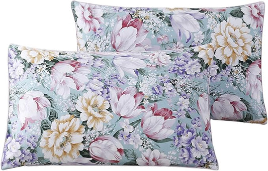 WINLIFE 100% Cotton Pillowcases Queen Size Garden Floral Printed Pillow Cases Set of 2 Soft and Breathable Cooling Pillow Case (Queen 20x30'', Purple Flower)