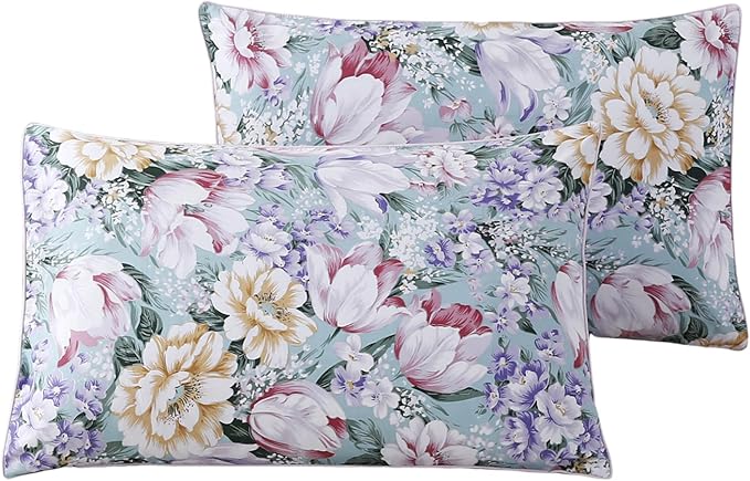 WINLIFE 100% Cotton Pillowcases Garden Floral Printed Pillow Cases Set of 2 Aqua Yellow Lavender Purple Flowers Print Pillow Cover (Standard 20 x 26'', Purple Fowers)