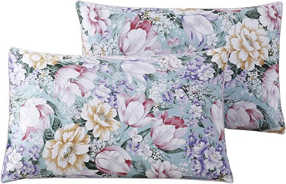 WINLIFE 100% Cotton Pillowcases Garden Floral Printed Pillow Cases Set of 2 Aqua Yellow Lavender Purple Flowers Print Pillow Cover (Standard 20 x 26'', Purple Fowers)