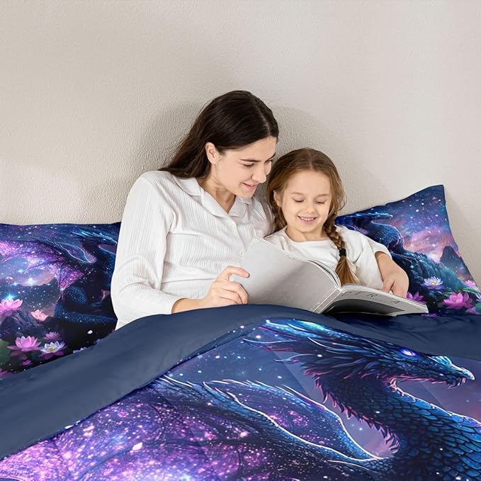 Feelyou Dragon Kids Comforter Set Full Size Dragon Stuff Bedding Set Wild Life Duvet Quilt for Kids Boys Girls Bedroom Magic Wildlife Decor Blue Purply Ultra Soft Breathable
