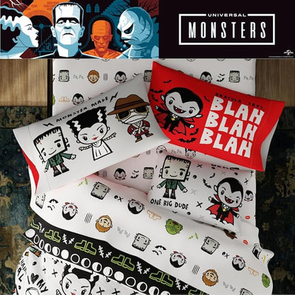 Universal Little Monsters Halloween Full Bed Set – Super Soft & Cozy 7 Piece Reversible Comforter and Sheet Set, (Officially Licensed Product) by Franco