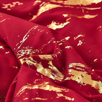 WONGS BEDDING Red Gold Metallic Marble Comforter Set Queen,Red Christmas Bedding Sets with 2 Pillowcases for All Seasons, Soft Microfiber Filling Bedding Duvet Set 90"x90"