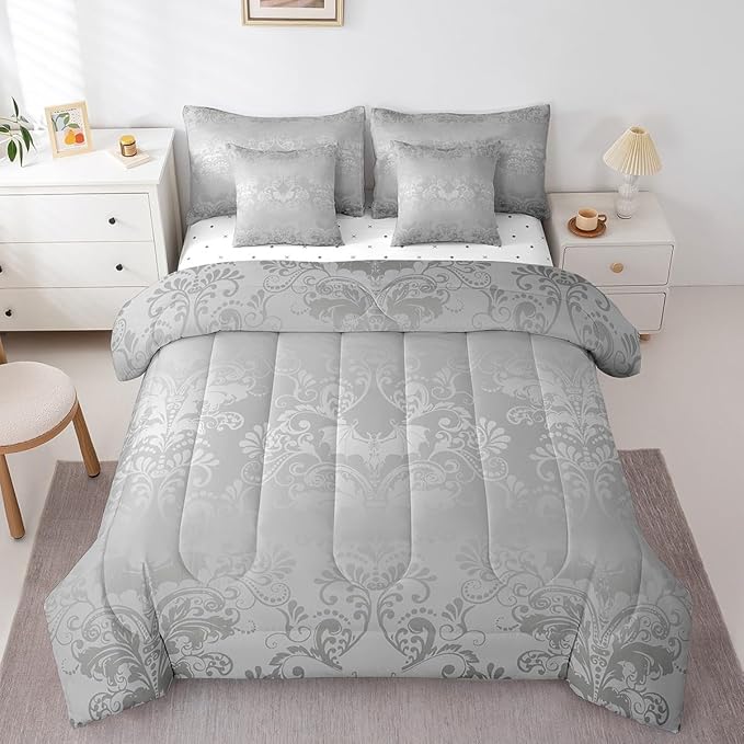 Erosebridal Gothic Damask Bed in a Bag King Size Comforter Set 7 Pieces,Halloween Bat Bedding Sets Grey Victorian Floral Goth Sheet Set with Comforter