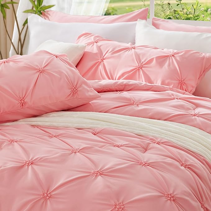 BEDELITE Pink King Size Comforter Set - 3 Pieces Boho Pintuck Bedding Comforter Sets, Lightweight Soft & Warm King Bedding Set with 2 Pillowcases for All Season