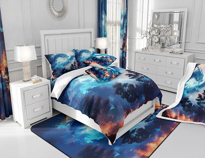 Blue Dragon Comforter Set Queen Size,Volcano Moon Starry Sky Bedding Set,Kids Boys Girls Room Decor Jungle Animals Western Magical Quilt Set Exotic Trippy Wildlife Style Duvet Insert,2 Pillowcases