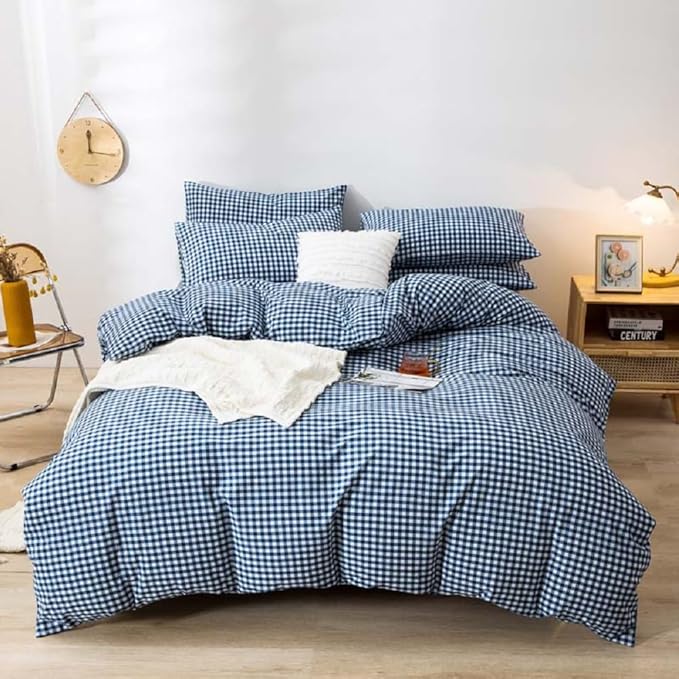 LifeTB Royal Blue Gingham Comforter Set King Modern Style Blue Plaid Checkered Comforter Set Soft Fluffy Grid Bed Comforter 3 Pieces Farmhouse Bedding Set Plaid Gingham Bedding Comforter King