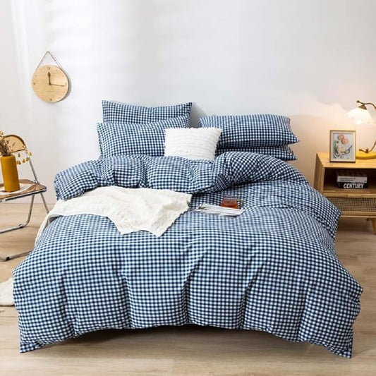 LifeTB Queen Comforter Set Royal Blue Gingham Bedding Comforter Modern Style Blue Grid Plaid Comforter Set 3 Pieces Fluffy Checkered Comforter with 2 Pillowcases Breathable Gingham Bedding Set
