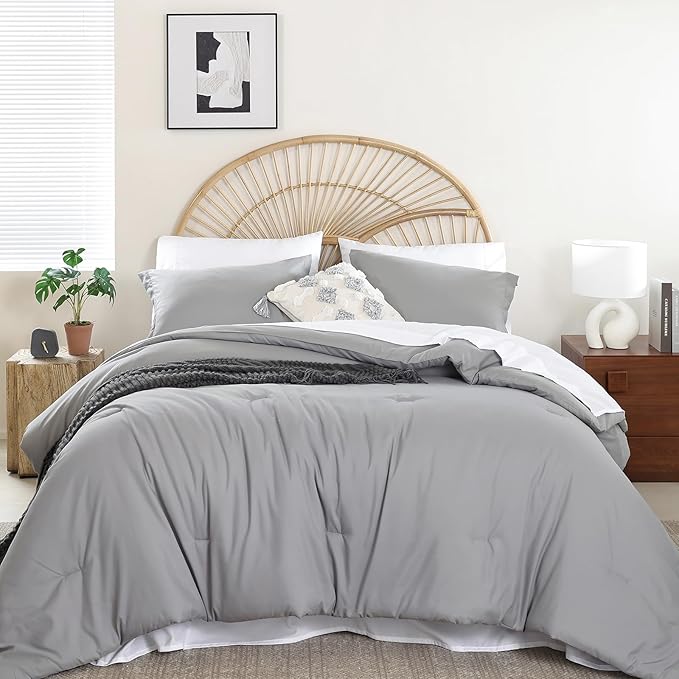 weigelia King Size Comforter Set 7 Pieces Grey Bed Comforter Set Bed in a Bag Solid Color Soft Microfiber King Bedding Set with Sheets Pillow Shams and Pillowcases