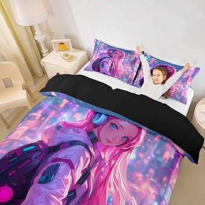Erosebridal Anime Girl Full Comforter Set Japanese Style 3D Anime Down Comforter for Kids Girls Boys Room Decor,Sci Fi Style Gaming Bedding Set Hot Pink Colorful Bed Duvet Insert