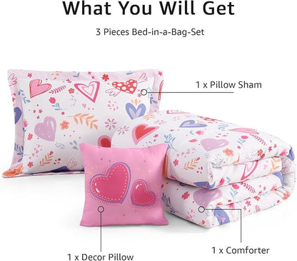 Twin Comforter Set for Girls-3 Pieces Heart Love Twin Bedding Sets for Kids,1 Comforter,1 Sham and 1 Decor Pillow