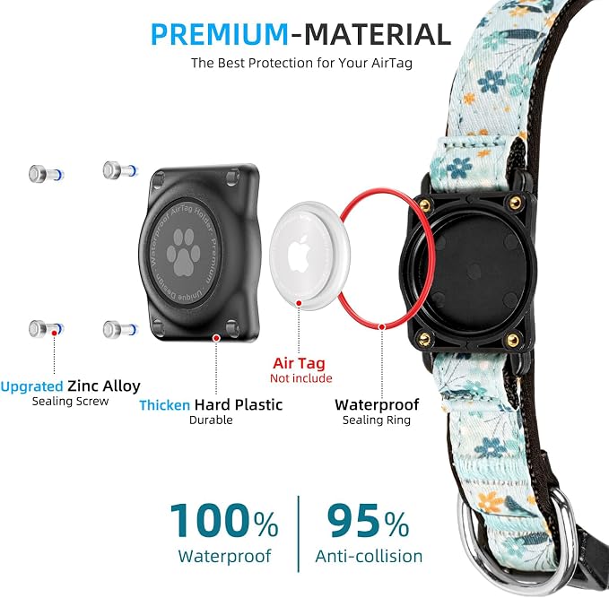 Upgrade Dog Collar with AirTag Holder, IP68 Waterproof, Blue Meadow, L | Built-in Water Resistant AirTag holder, 1000D Nylon, Reflective Stitching for Night Visibility, Soft padding for Comfort