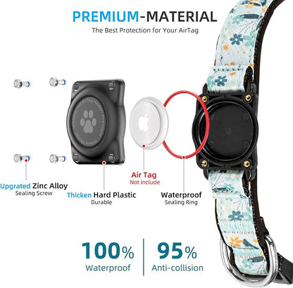 Upgrade Dog Collar with AirTag Holder, IP68 Waterproof, Blue Meadow, L | Built-in Water Resistant AirTag holder, 1000D Nylon, Reflective Stitching for Night Visibility, Soft padding for Comfort