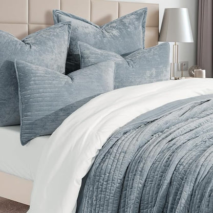 EVERGRACE Velvet Quilt Set King Size, Luxurious Soft Striped Channel Bedding Set, Lightweight Velvet Comforter for All Season, Oversized Bedspread Coverlet with 2 Matching Shams, Blue Linen