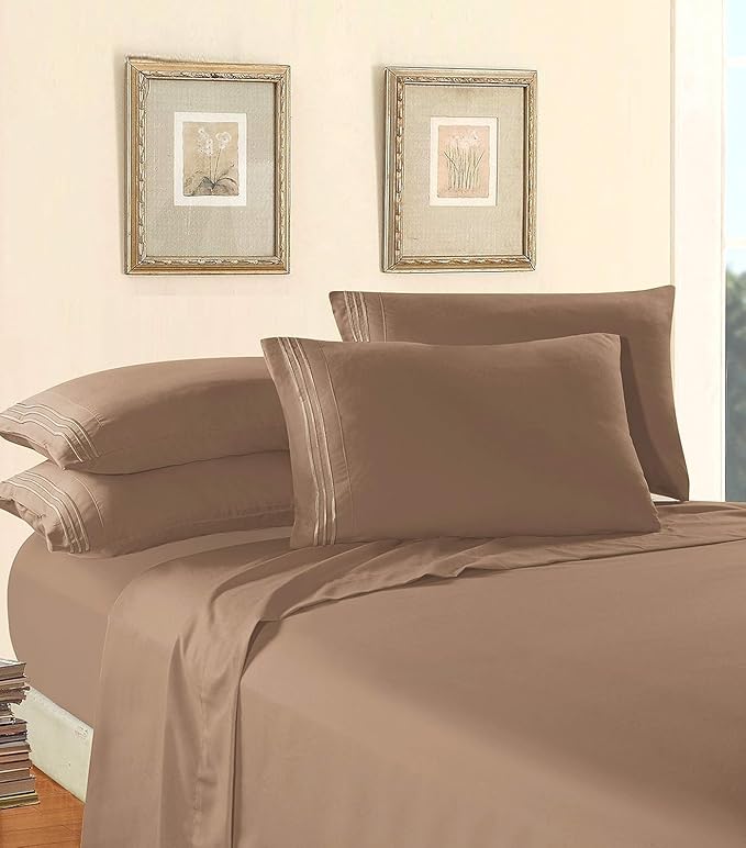 Elegant Comfort Luxury 1500 Premium Hotel Quality Microfiber 4-Piece Sheet Set - Wrinkle Resistant, All Around Elastic Fitted Sheet, Deep Pocket up to 16", RV Short Queen, Taupe