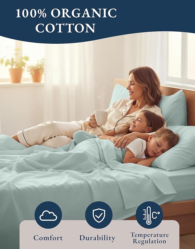 LANE LINEN 100% Organic Cotton Eco Friendly Sustainably Produced Queen Sheets Set, Low Pill Fade Resistant Machine Wash Fully Elasticized Cotton Bedding Queen Set- French Blue