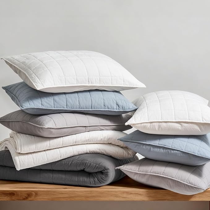 EVERGRACEHOME 100% Cotton Box Stitch Quilt Bedding Set Queen Size 3 Pieces, Garment-Washed Lightweight Soft Cozy Coverlet, Quilted Bedspread Sets with 2 Shams for All Season, Dark Gull Gray