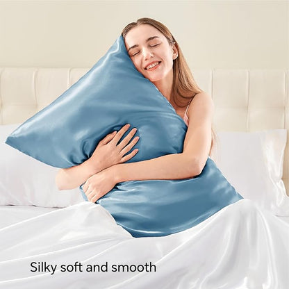 BEDELITE Satin Pillowcase with Zipper, Airy Blue Pillow Cases Queen Size Set of 2, Super Soft and Cooling Similar to Silk Pillow Cases, Gift for Women Men(20x30 Inches)