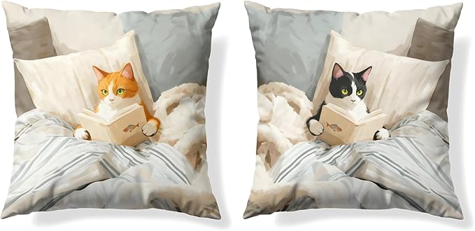 Funny Cat Reader Book Throw Pillow Cover 18 x 18 Set of 2, Gifts for Book Lovers, Reading Nook Corner Decor, Preppy Floral Black Orange Tabby Tuxedo Cats Bookish Pillowcase（02）
