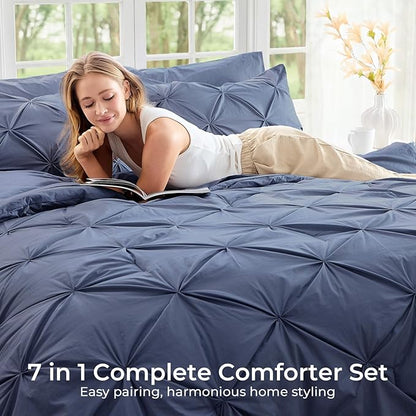Sasttie Queen Comforter Set, 7-Piece Bed in a Bag, Pintuck Bedding Sets for All Season, Includes Comforter, Flat Sheet, Fitted Sheet, Pillowcases and Pillowshams, Indigo Blue