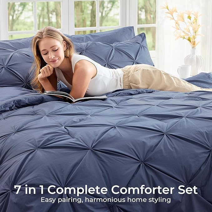 Sasttie Full Size Comforter Set, 7-Piece Bed in a Bag Double, Pintuck Bedding Set for All Season, Includes Comforter, Flat Sheet, Fitted Sheet, Pillowcases and Pillowshams, Indigo Blue