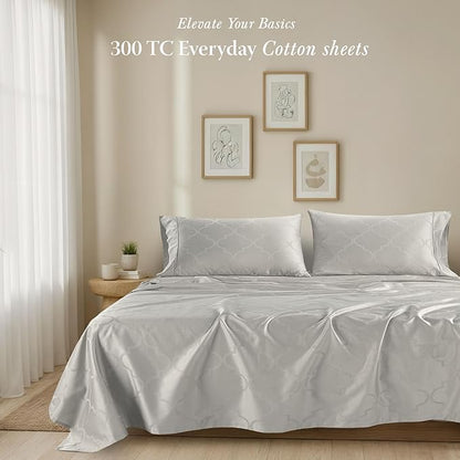 Threadmill Cotton Twin Sheet Set | 100% Cotton Sheets | Damask Jacquard Sateen Sheets Set with 16” Deep Pocket 3-Piece Cooling Sheet Set | Light Grey