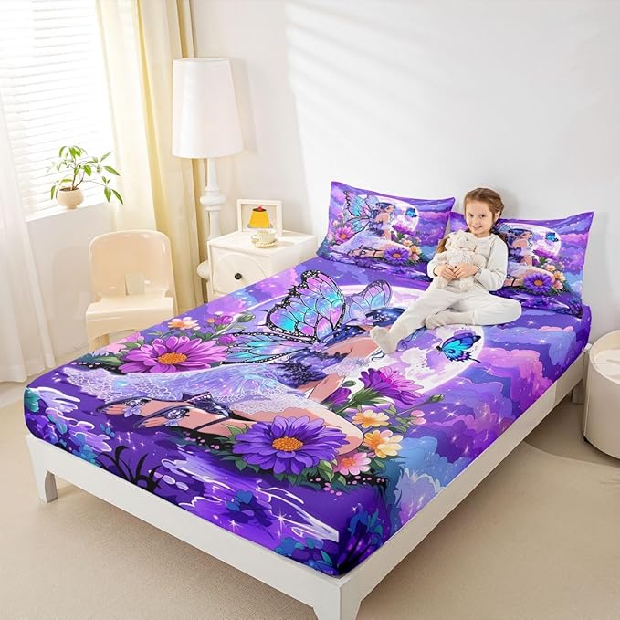 Erosebridal Fairy Girl Fitted Sheet Full Flower Fairytale Bed Sheets for Boys Girls Blue Butterfly Floral Decor Bed Set Purple Galaxy Moon Sheets with 2 Pillowcases